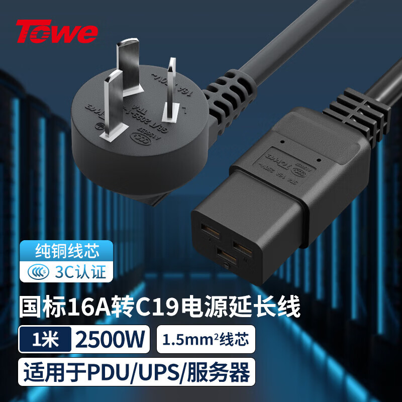 TOWE同為國標16A轉C19線1.5平無氧加粗精銅芯電源轉換線IDC機房數(shù)據(jù)中心電源線TW-F-G16/C19 1M