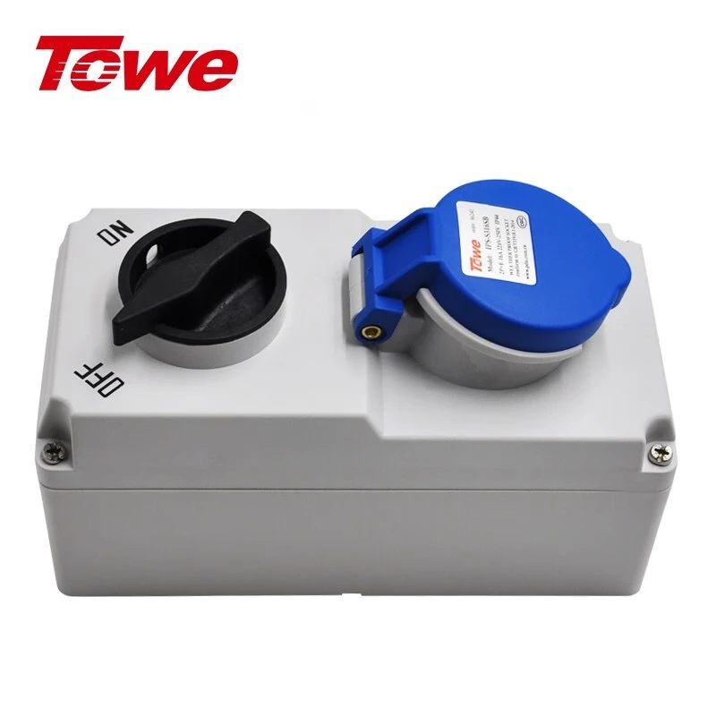 輸出一路2P+E三芯16A工業防水插座， 220V-250V IP44 CEE/IEC插座帶開關，帶機械聯鎖，藍灰