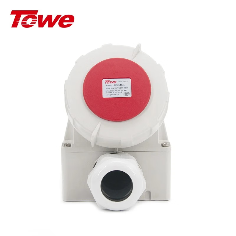 尼龍 3P+E 四芯 63A 380-415V IP44，紅灰，明裝插座，從頂部和底部穿入電纜線